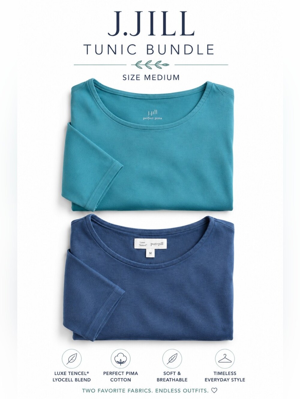 J Jill Tunic Bundle Medium Pima Cotton Tencel Luxe Blue Teal Long Sleeve Tops M